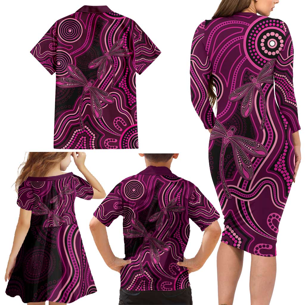 Australia Breast Cancer Awareness Family Matching Long Sleeve Bodycon Dress and Hawaiian Shirt Pink Dragonflies Aboriginal Art - Aussie Hoodie