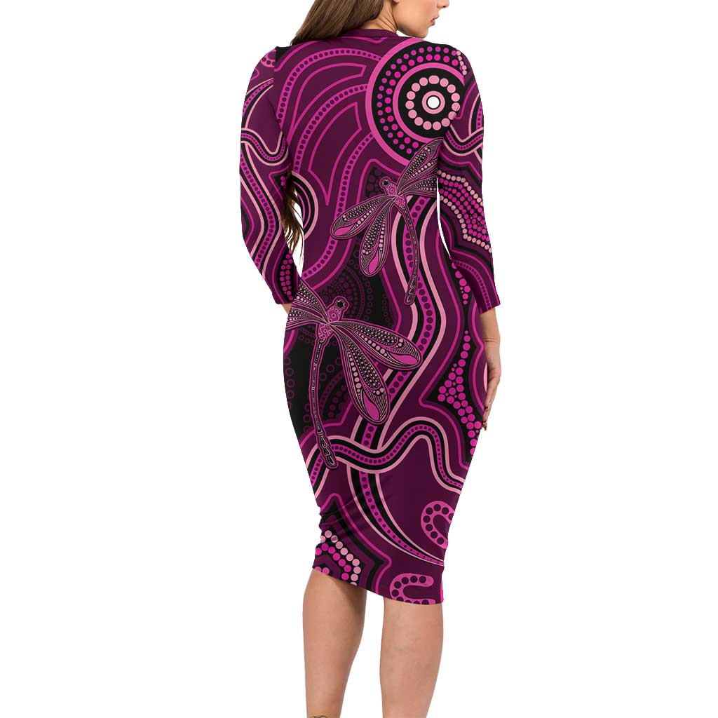 Australia Breast Cancer Awareness Family Matching Long Sleeve Bodycon Dress and Hawaiian Shirt Pink Dragonflies Aboriginal Art - Aussie Hoodie