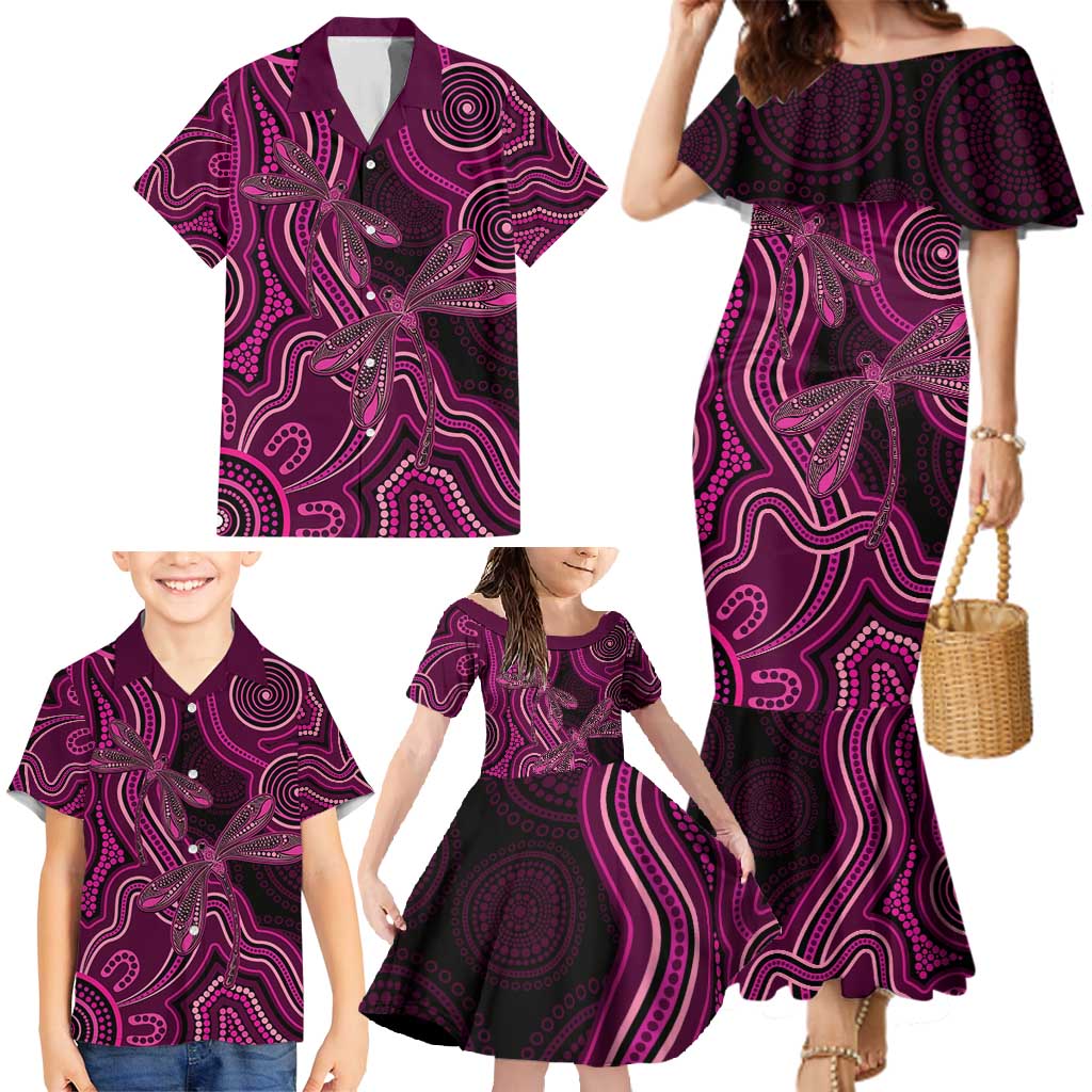 Australia Breast Cancer Awareness Family Matching Mermaid Dress and Hawaiian Shirt Pink Dragonflies Aboriginal Art - Aussie Hoodie