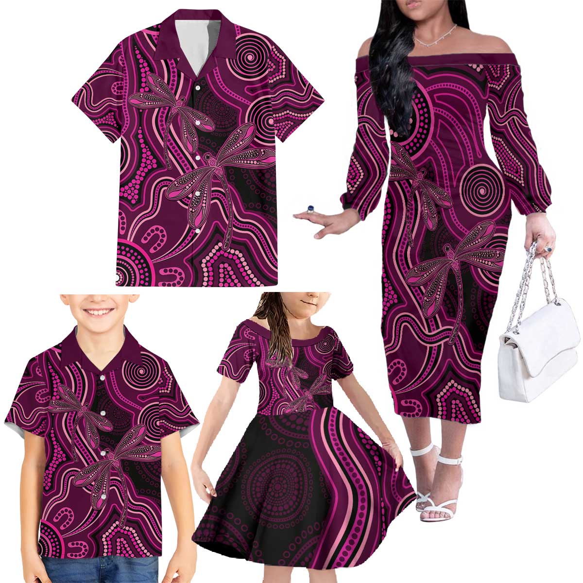 Australia Breast Cancer Awareness Family Matching Off The Shoulder Long Sleeve Dress and Hawaiian Shirt Pink Dragonflies Aboriginal Art - Aussie Hoodie