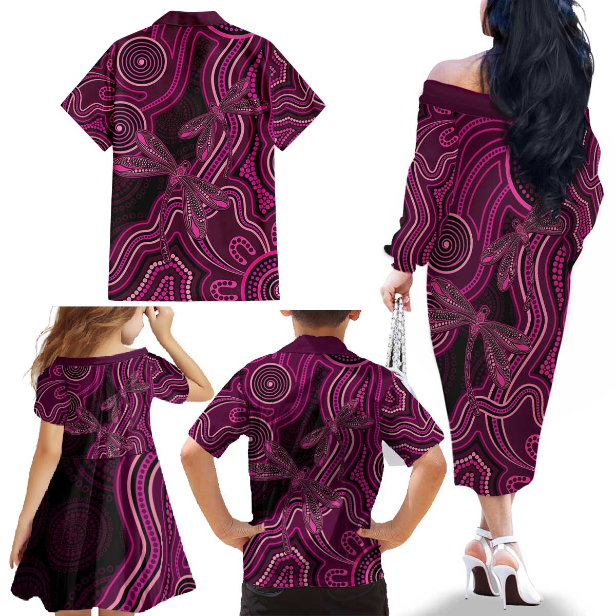 Australia Breast Cancer Awareness Family Matching Off The Shoulder Long Sleeve Dress and Hawaiian Shirt Pink Dragonflies Aboriginal Art - Aussie Hoodie