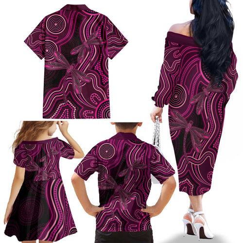 Australia Breast Cancer Awareness Family Matching Off The Shoulder Long Sleeve Dress and Hawaiian Shirt Pink Dragonflies Aboriginal Art - Aussie Hoodie