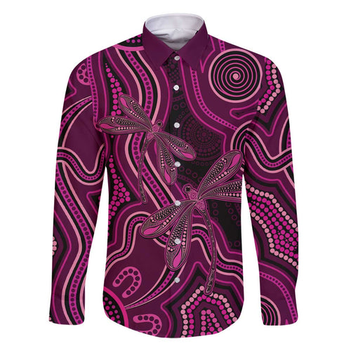 Australia Breast Cancer Awareness Family Matching Off The Shoulder Long Sleeve Dress and Hawaiian Shirt Pink Dragonflies Aboriginal Art - Aussie Hoodie