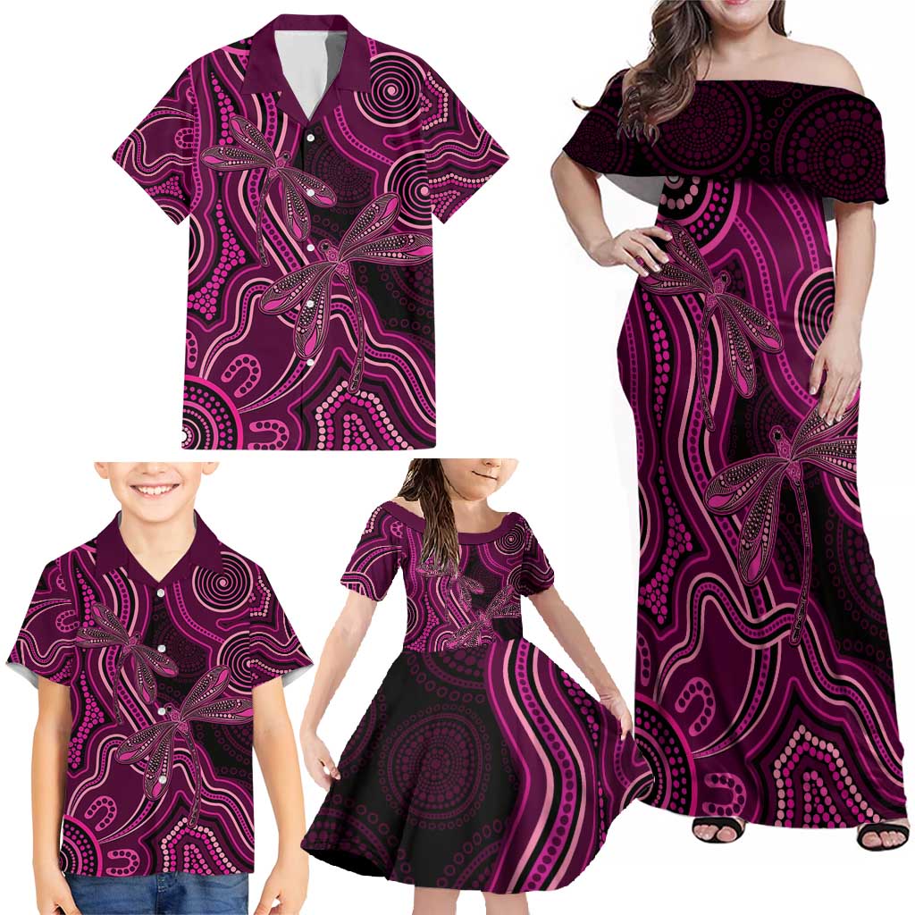 Australia Breast Cancer Awareness Family Matching Off Shoulder Maxi Dress and Hawaiian Shirt Pink Dragonflies Aboriginal Art - Aussie Hoodie