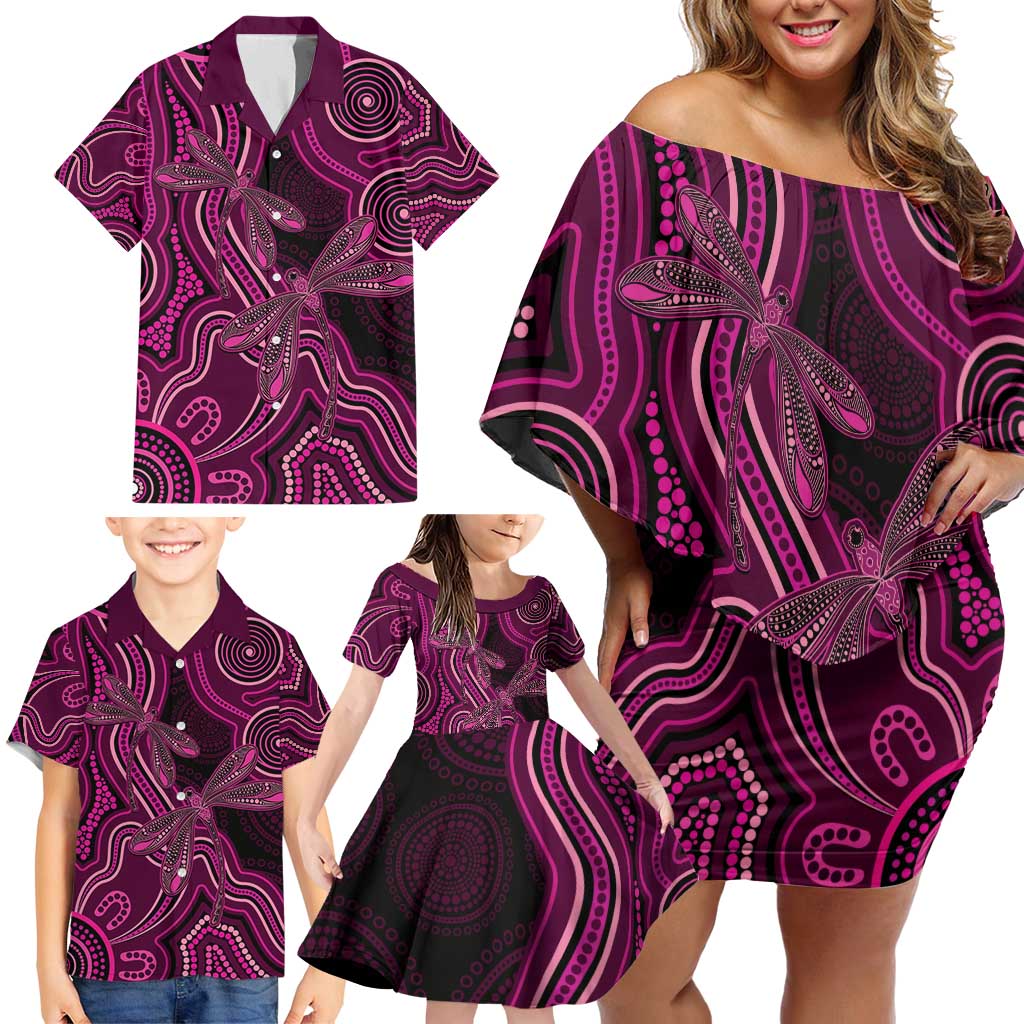 Australia Breast Cancer Awareness Family Matching Off Shoulder Short Dress and Hawaiian Shirt Pink Dragonflies Aboriginal Art - Aussie Hoodie