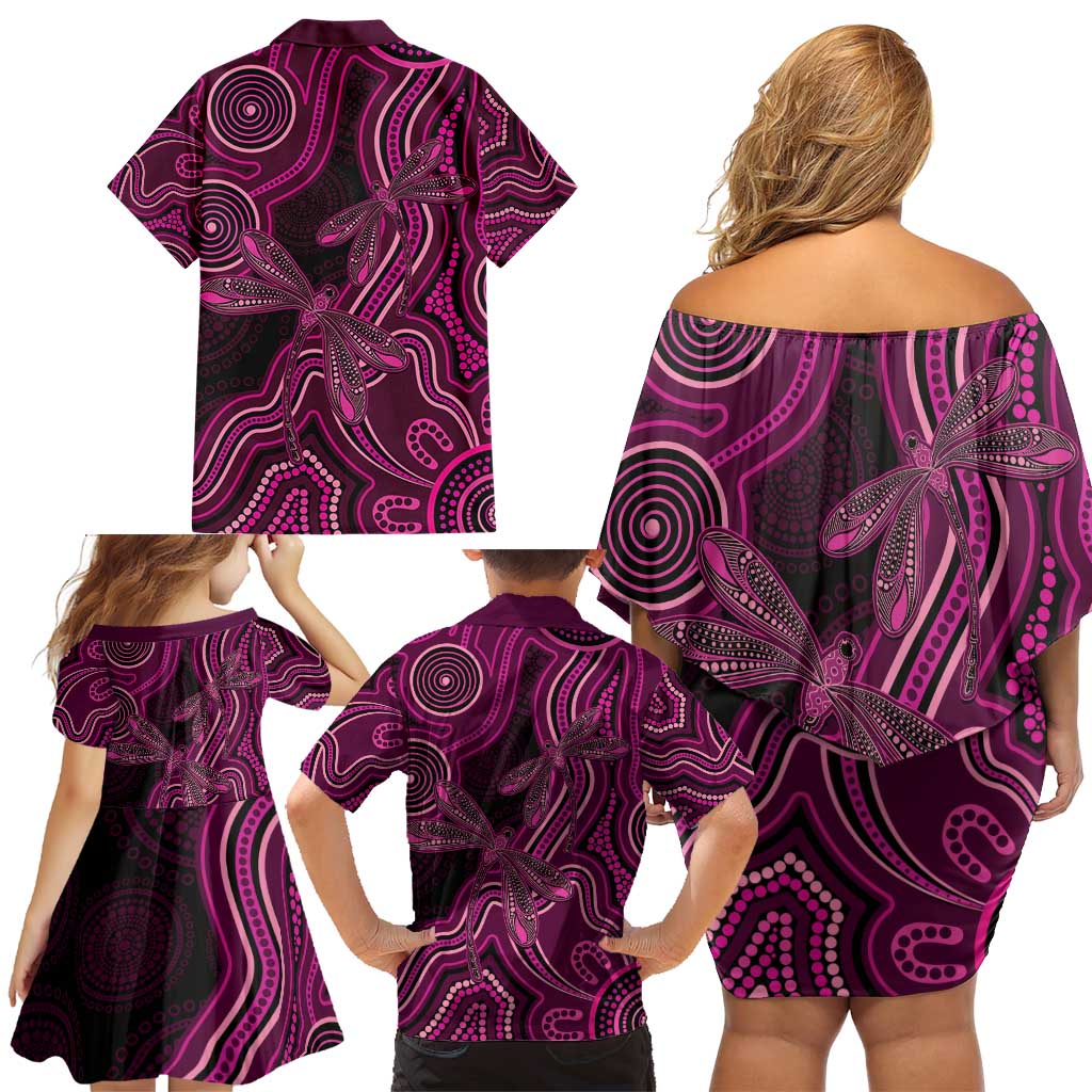 Australia Breast Cancer Awareness Family Matching Off Shoulder Short Dress and Hawaiian Shirt Pink Dragonflies Aboriginal Art - Aussie Hoodie