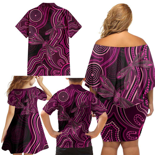 Australia Breast Cancer Awareness Family Matching Off Shoulder Short Dress and Hawaiian Shirt Pink Dragonflies Aboriginal Art - Aussie Hoodie