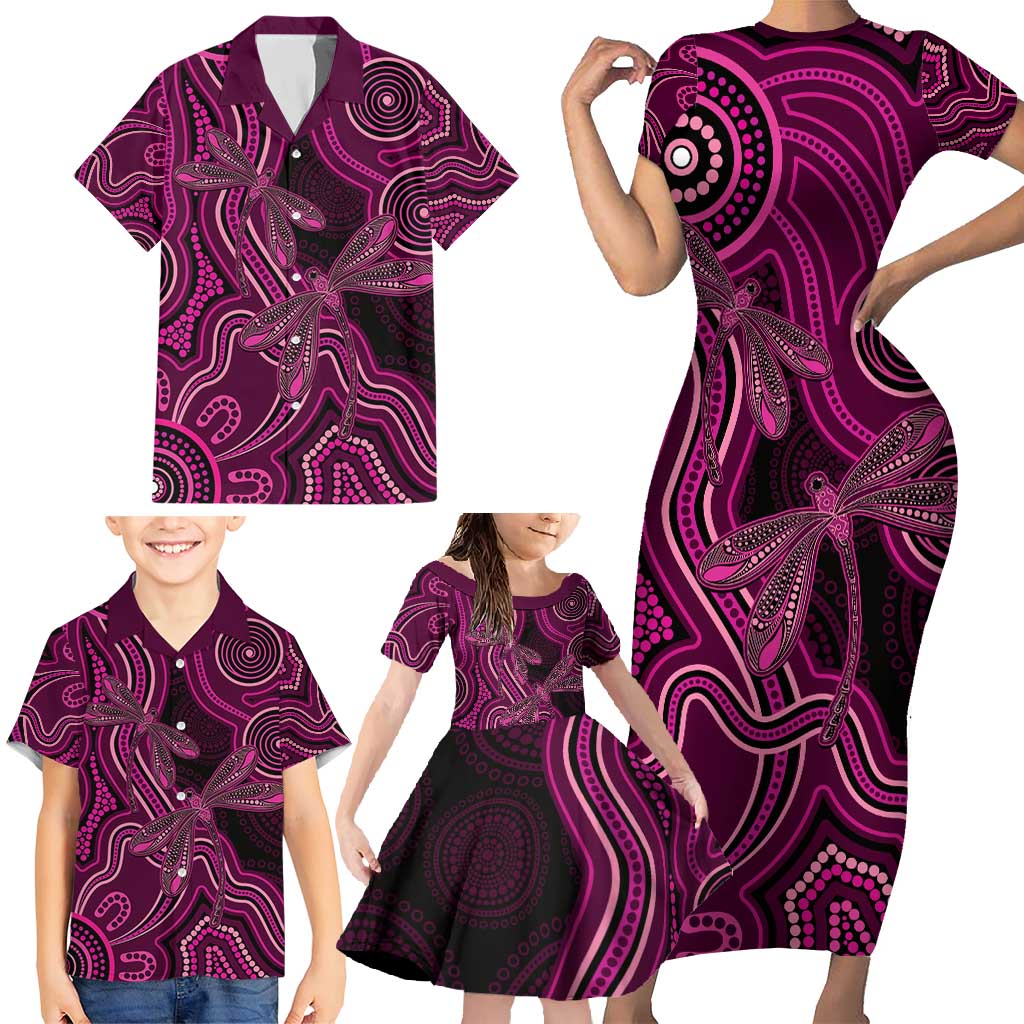 Australia Breast Cancer Awareness Family Matching Short Sleeve Bodycon Dress and Hawaiian Shirt Pink Dragonflies Aboriginal Art - Aussie Hoodie