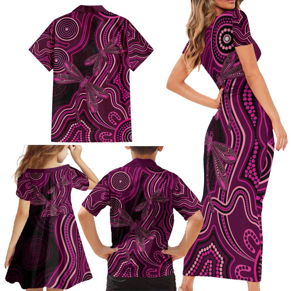 Australia Breast Cancer Awareness Family Matching Short Sleeve Bodycon Dress and Hawaiian Shirt Pink Dragonflies Aboriginal Art - Aussie Hoodie