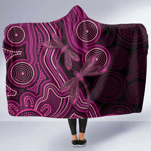 Australia Breast Cancer Awareness Hooded Blanket Pink Dragonflies Aboriginal Art - Aussie Hoodie