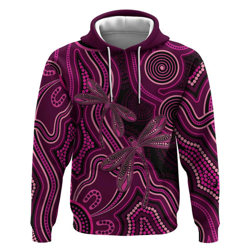 Australia Breast Cancer Awareness Hoodie Pink Dragonflies Aboriginal Art - Aussie Hoodie