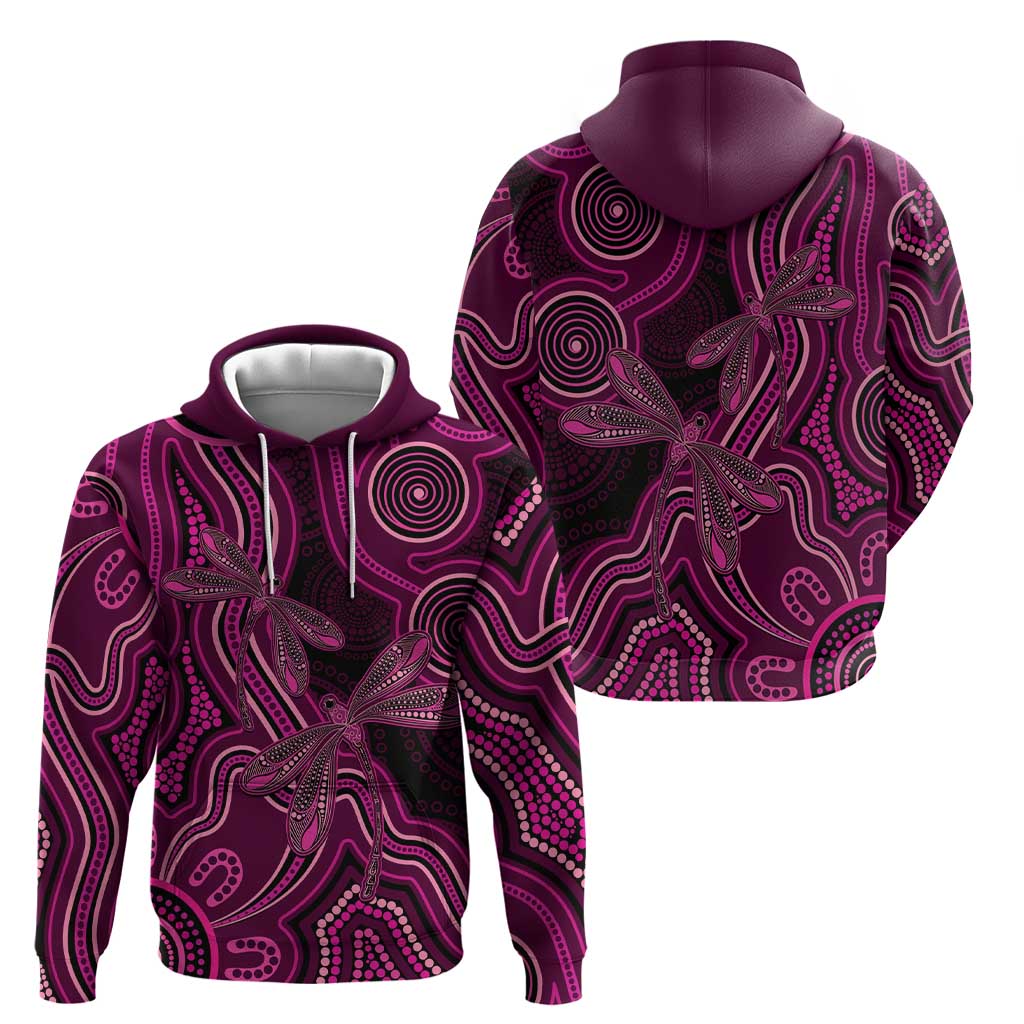 Australia Breast Cancer Awareness Hoodie Pink Dragonflies Aboriginal Art - Aussie Hoodie