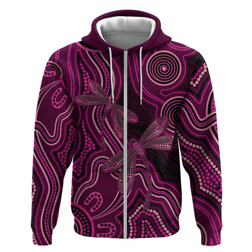 Australia Breast Cancer Awareness Hoodie Pink Dragonflies Aboriginal Art - Aussie Hoodie