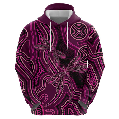Australia Breast Cancer Awareness Hoodie Pink Dragonflies Aboriginal Art - Aussie Hoodie