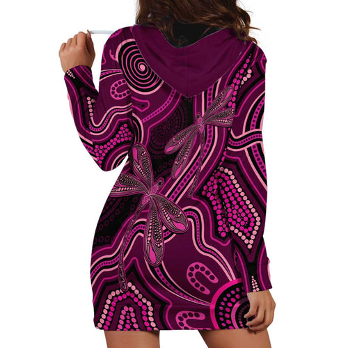 Australia Breast Cancer Awareness Hoodie Dress Pink Dragonflies Aboriginal Art - Aussie Hoodie