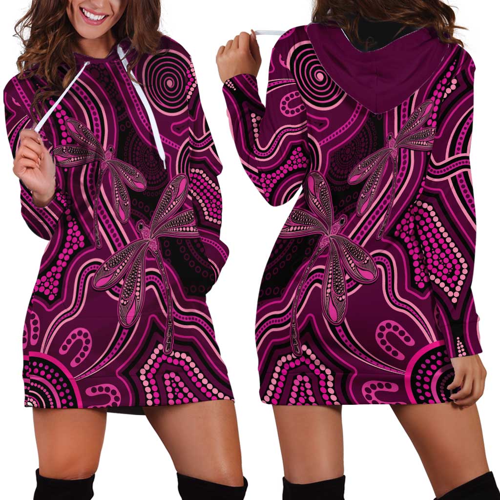 Australia Breast Cancer Awareness Hoodie Dress Pink Dragonflies Aboriginal Art - Aussie Hoodie