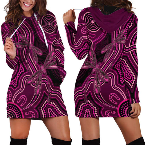 Australia Breast Cancer Awareness Hoodie Dress Pink Dragonflies Aboriginal Art - Aussie Hoodie
