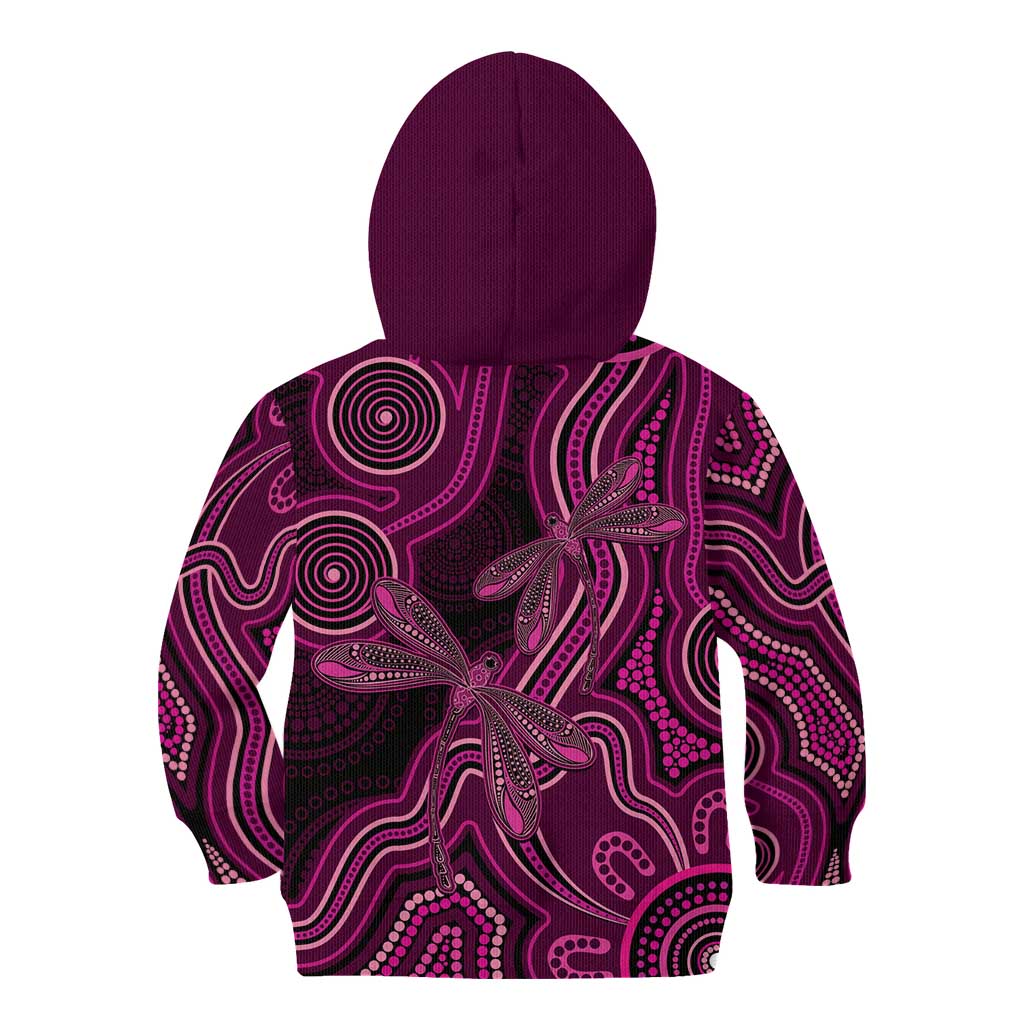 Australia Breast Cancer Awareness Kid Hoodie Pink Dragonflies Aboriginal Art - Aussie Hoodie
