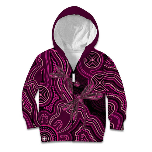 Australia Breast Cancer Awareness Kid Hoodie Pink Dragonflies Aboriginal Art - Aussie Hoodie