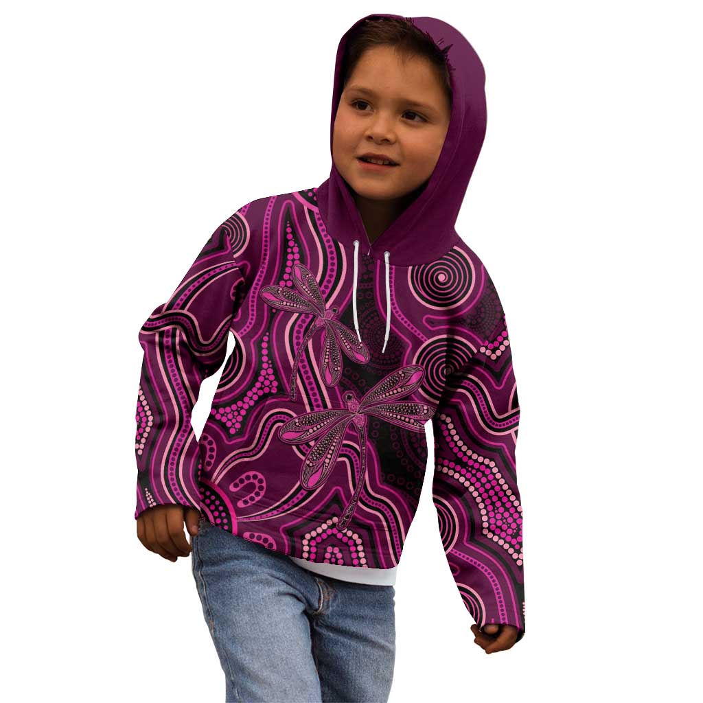 Australia Breast Cancer Awareness Kid Hoodie Pink Dragonflies Aboriginal Art - Aussie Hoodie