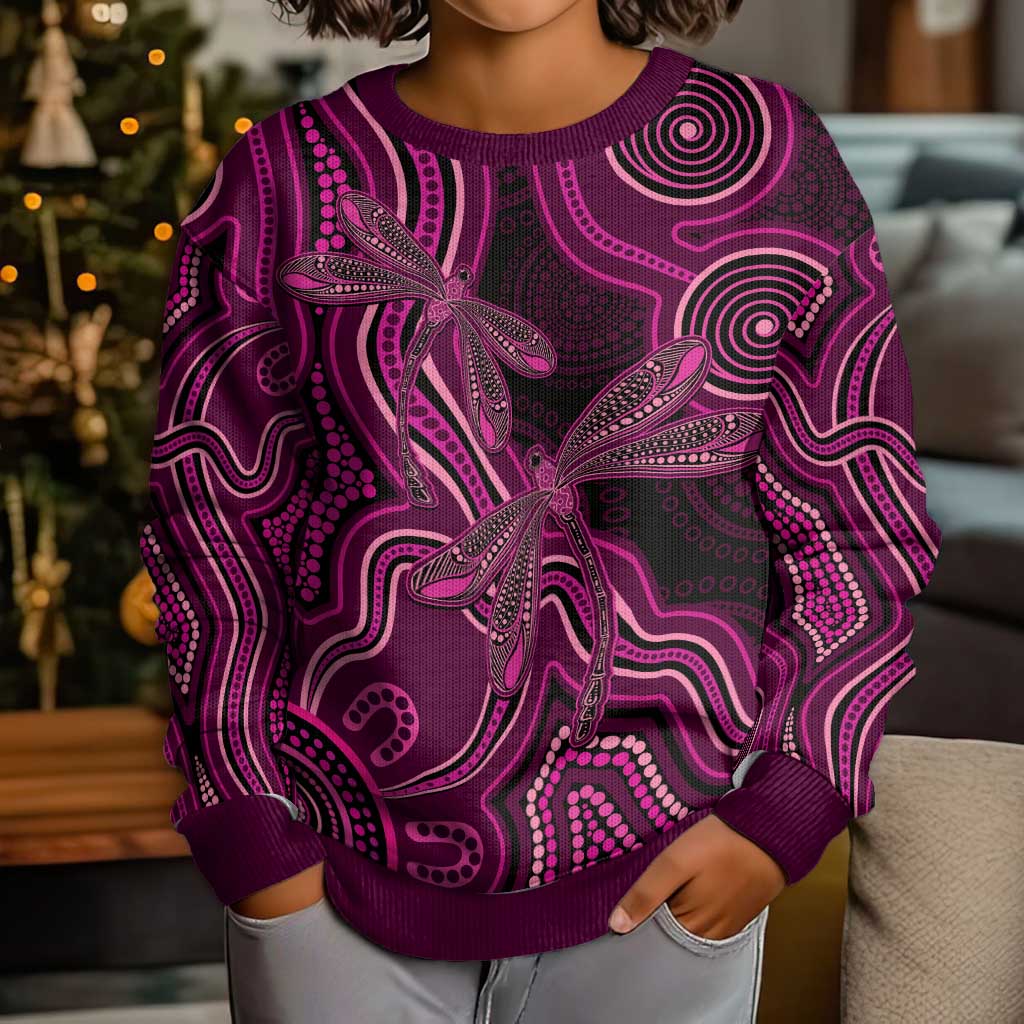 Australia Breast Cancer Awareness Kid Ugly Christmas Sweater Pink Dragonflies Aboriginal Art - Aussie Hoodie