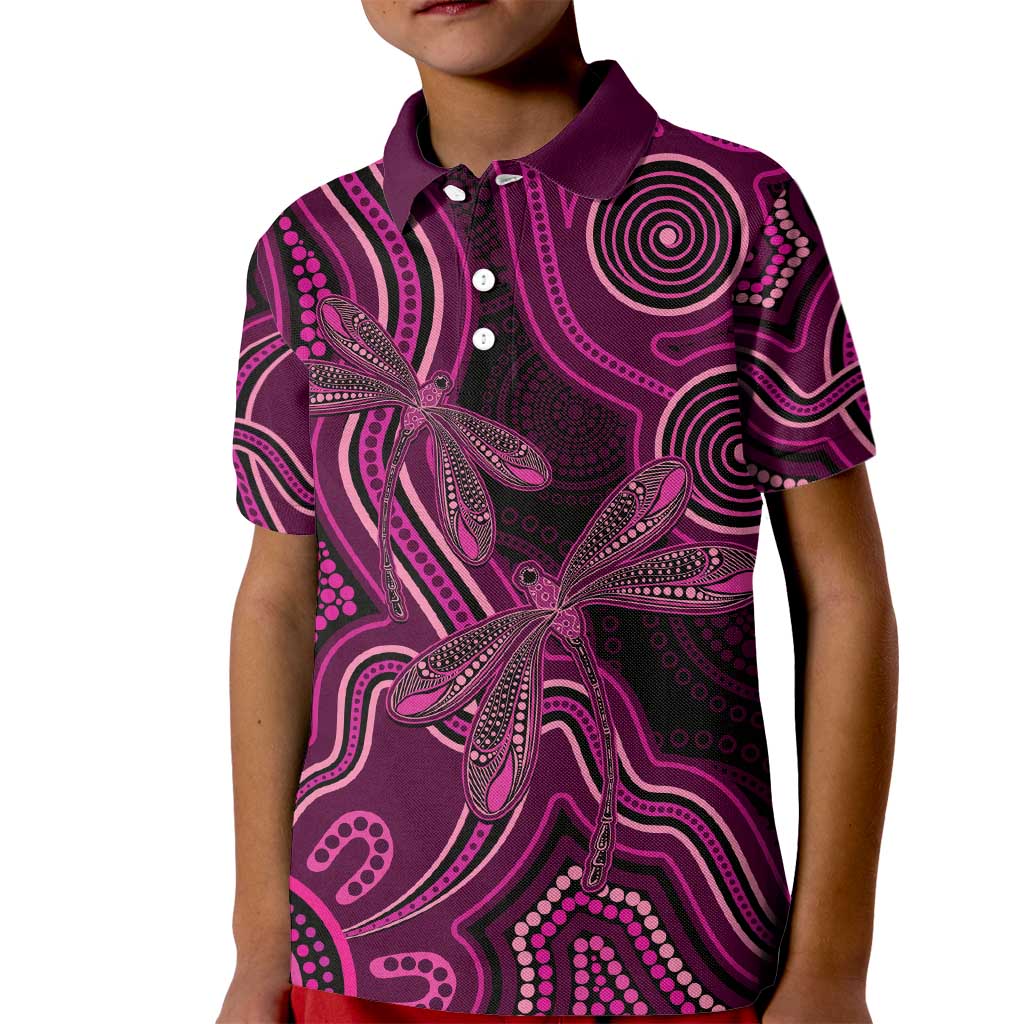 Australia Breast Cancer Awareness Kid Polo Shirt Pink Dragonflies Aboriginal Art - Aussie Hoodie