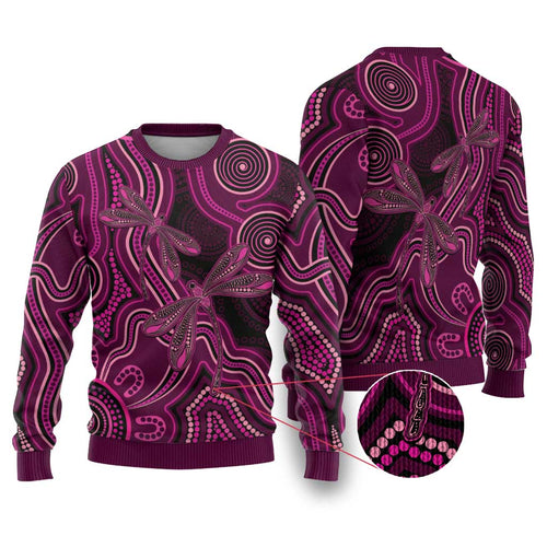 Australia Breast Cancer Awareness Ugly Christmas Sweater Pink Dragonflies Aboriginal Art - Aussie Hoodie