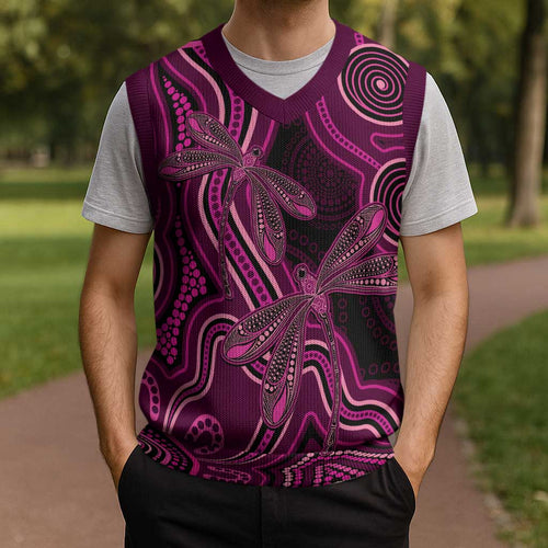 Australia Breast Cancer Awareness Christmas Knitted V-Neck Vest Pink Dragonflies Aboriginal Art - Aussie Hoodie