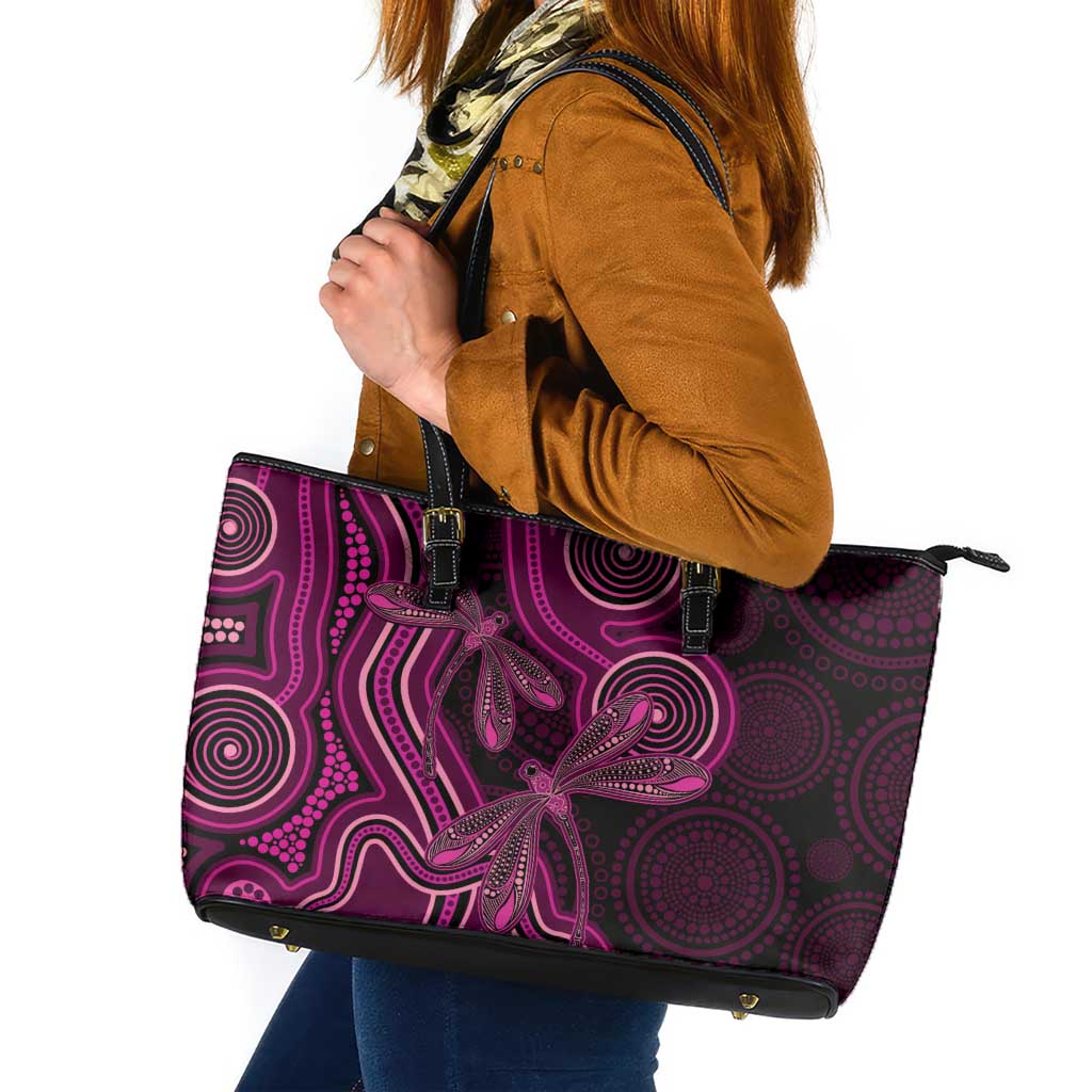 Australia Breast Cancer Awareness Leather Tote Bag Pink Dragonflies Aboriginal Art - Aussie Hoodie