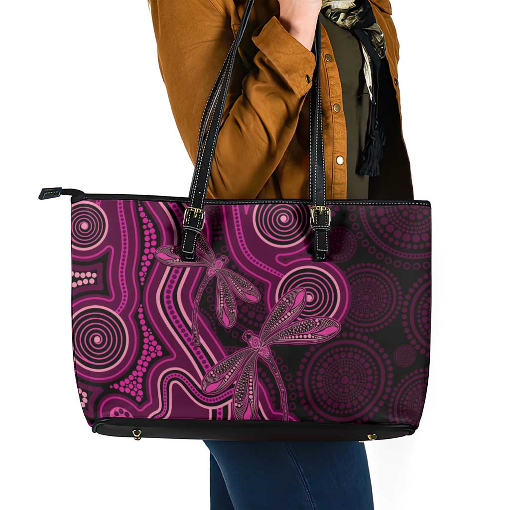 Australia Breast Cancer Awareness Leather Tote Bag Pink Dragonflies Aboriginal Art - Aussie Hoodie