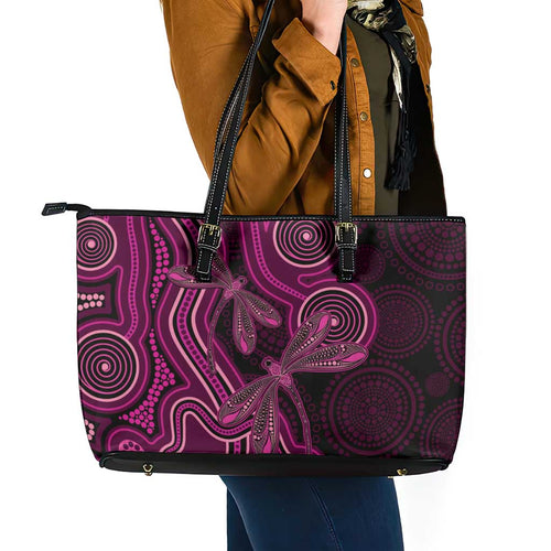 Australia Breast Cancer Awareness Leather Tote Bag Pink Dragonflies Aboriginal Art - Aussie Hoodie