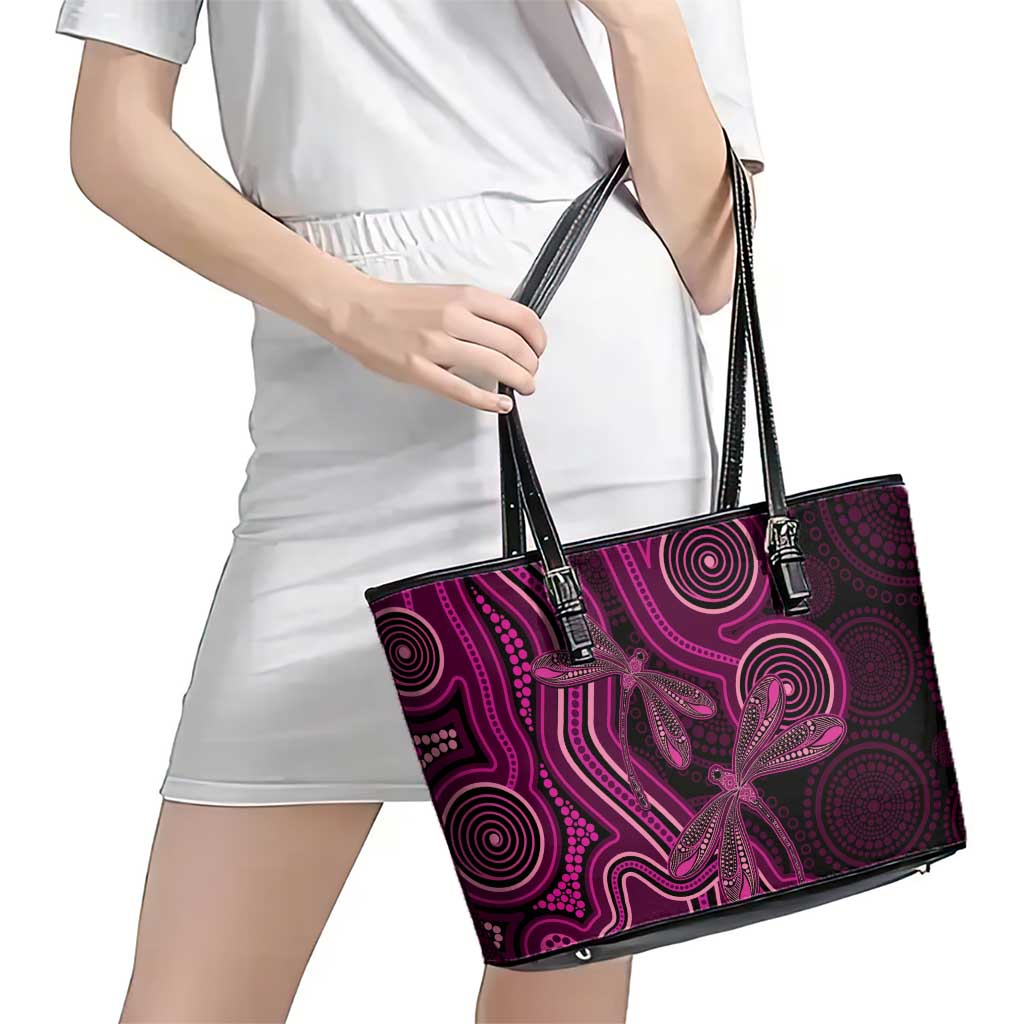 Australia Breast Cancer Awareness Leather Tote Bag Pink Dragonflies Aboriginal Art - Aussie Hoodie