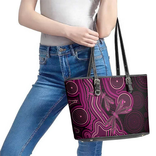 Australia Breast Cancer Awareness Leather Tote Bag Pink Dragonflies Aboriginal Art - Aussie Hoodie