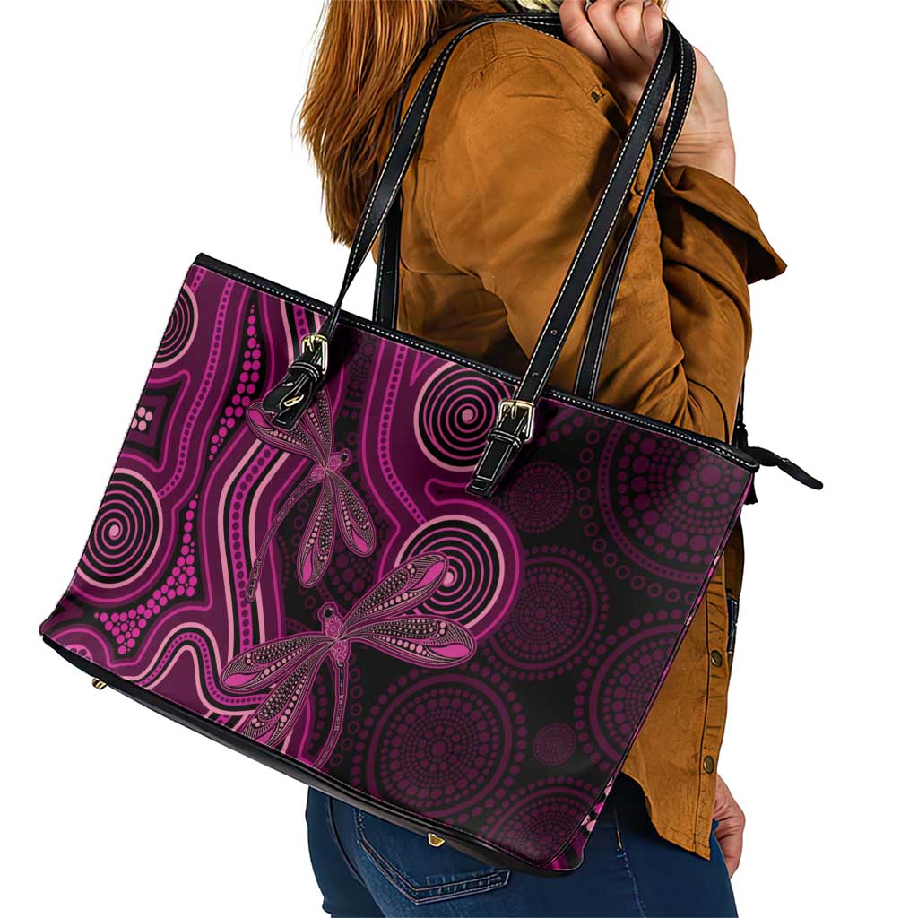 Australia Breast Cancer Awareness Leather Tote Bag Pink Dragonflies Aboriginal Art - Aussie Hoodie