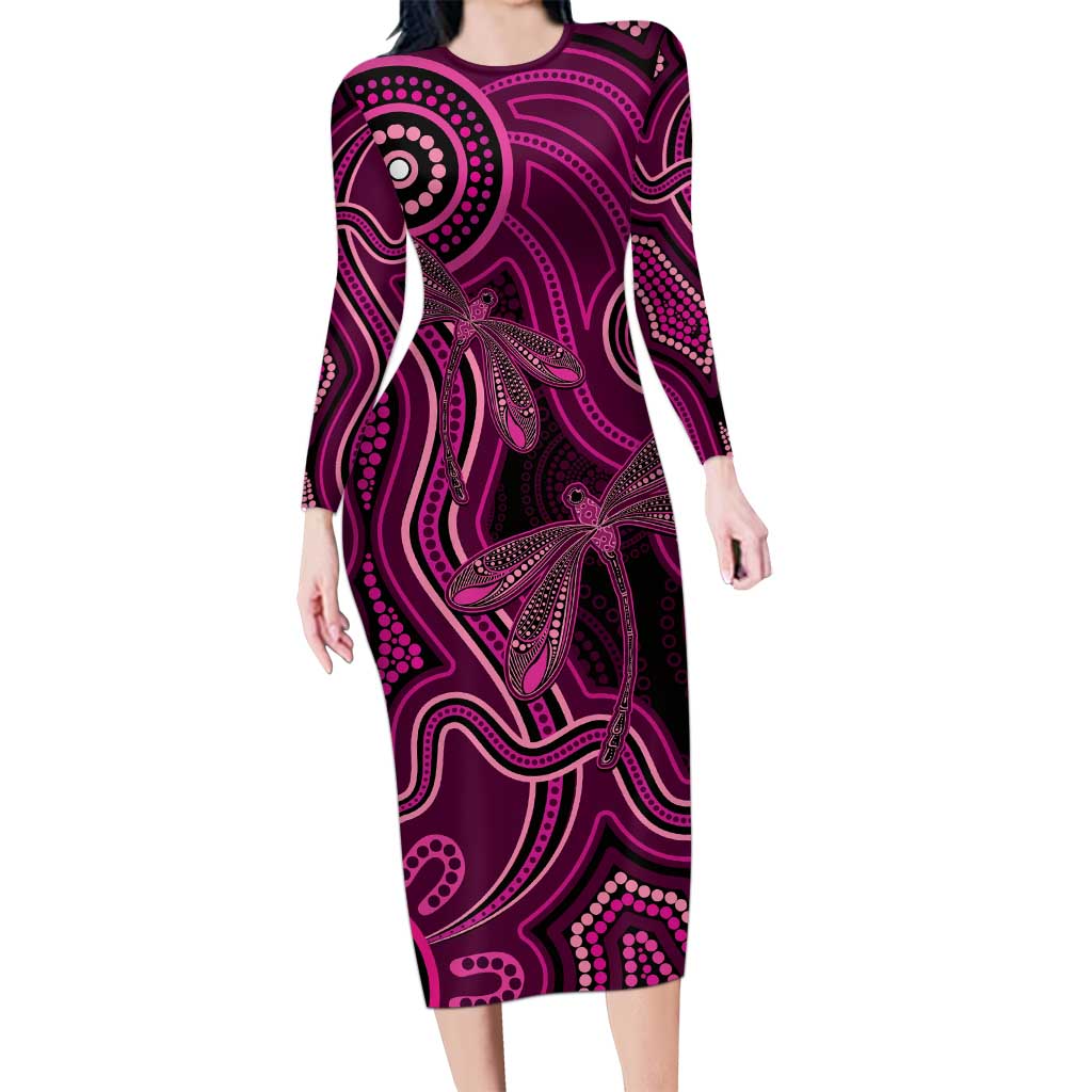 Australia Breast Cancer Awareness Long Sleeve Bodycon Dress Pink Dragonflies Aboriginal Art - Aussie Hoodie