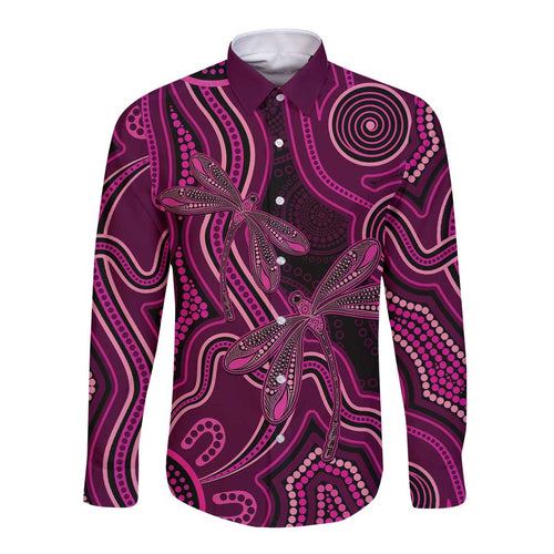 Australia Breast Cancer Awareness Long Sleeve Button Shirt Pink Dragonflies Aboriginal Art - Aussie Hoodie