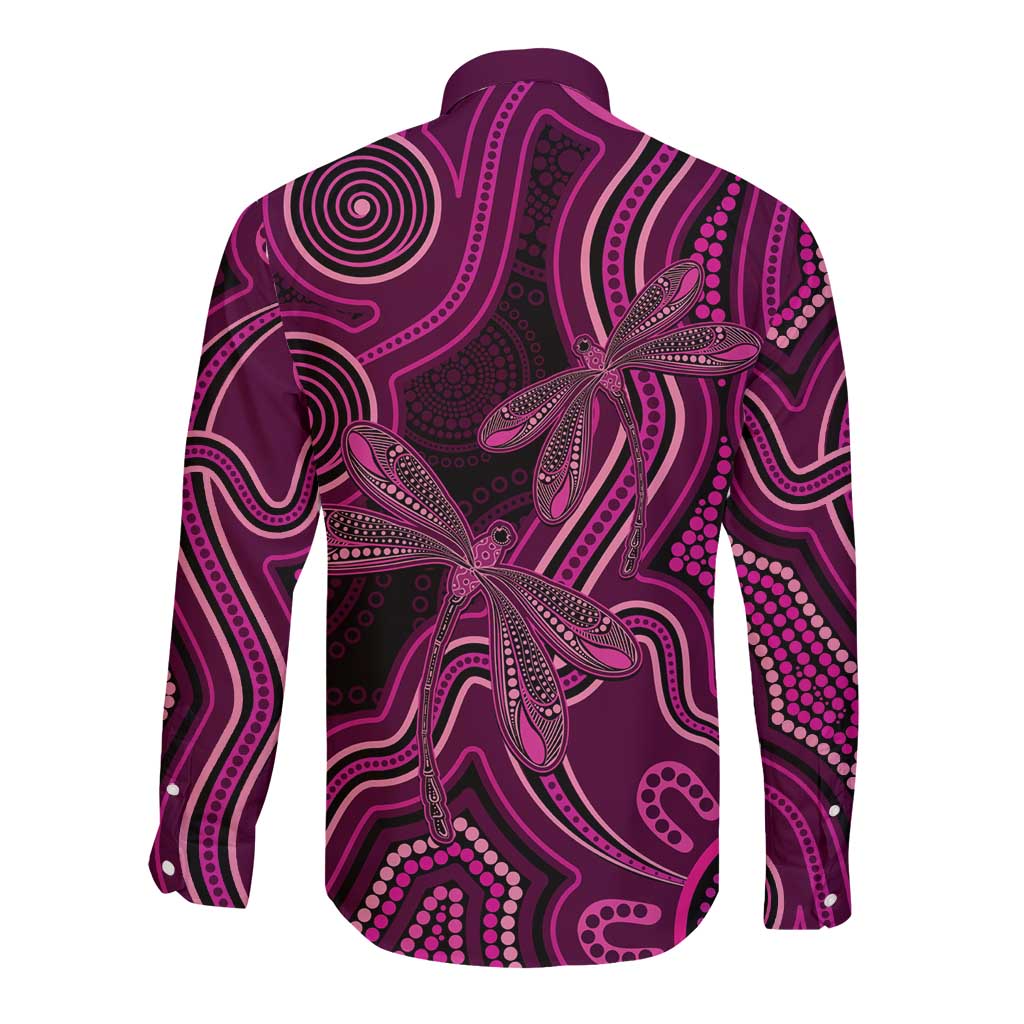Australia Breast Cancer Awareness Long Sleeve Button Shirt Pink Dragonflies Aboriginal Art - Aussie Hoodie