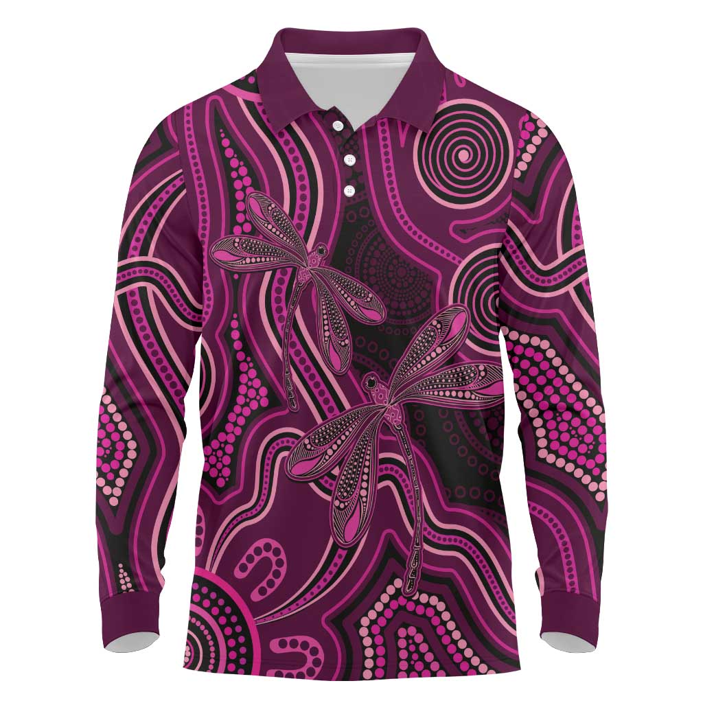 Australia Breast Cancer Awareness Long Sleeve Polo Shirt Pink Dragonflies Aboriginal Art - Aussie Hoodie