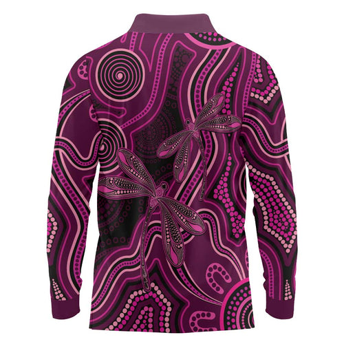 Australia Breast Cancer Awareness Long Sleeve Polo Shirt Pink Dragonflies Aboriginal Art - Aussie Hoodie