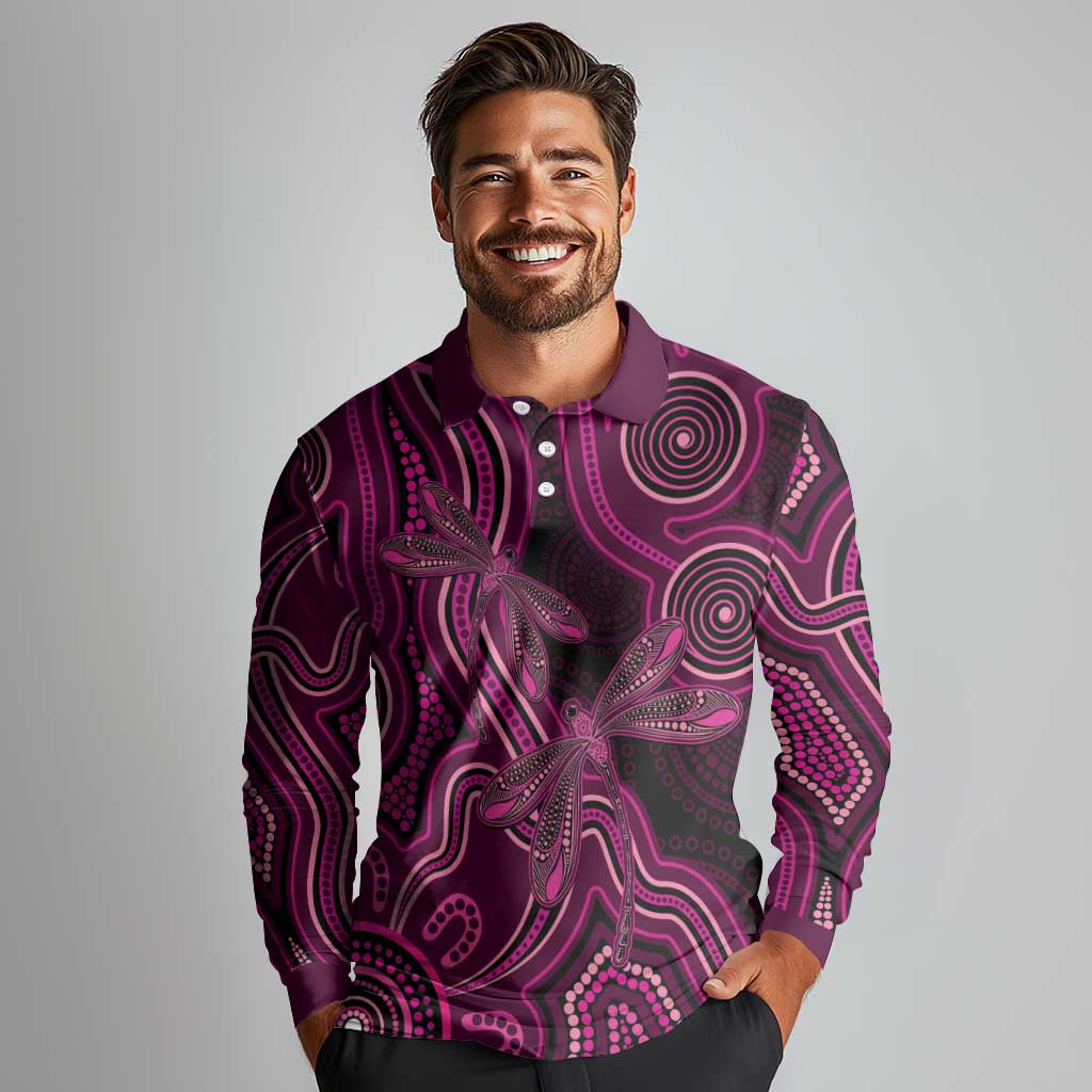 Australia Breast Cancer Awareness Long Sleeve Polo Shirt Pink Dragonflies Aboriginal Art - Aussie Hoodie