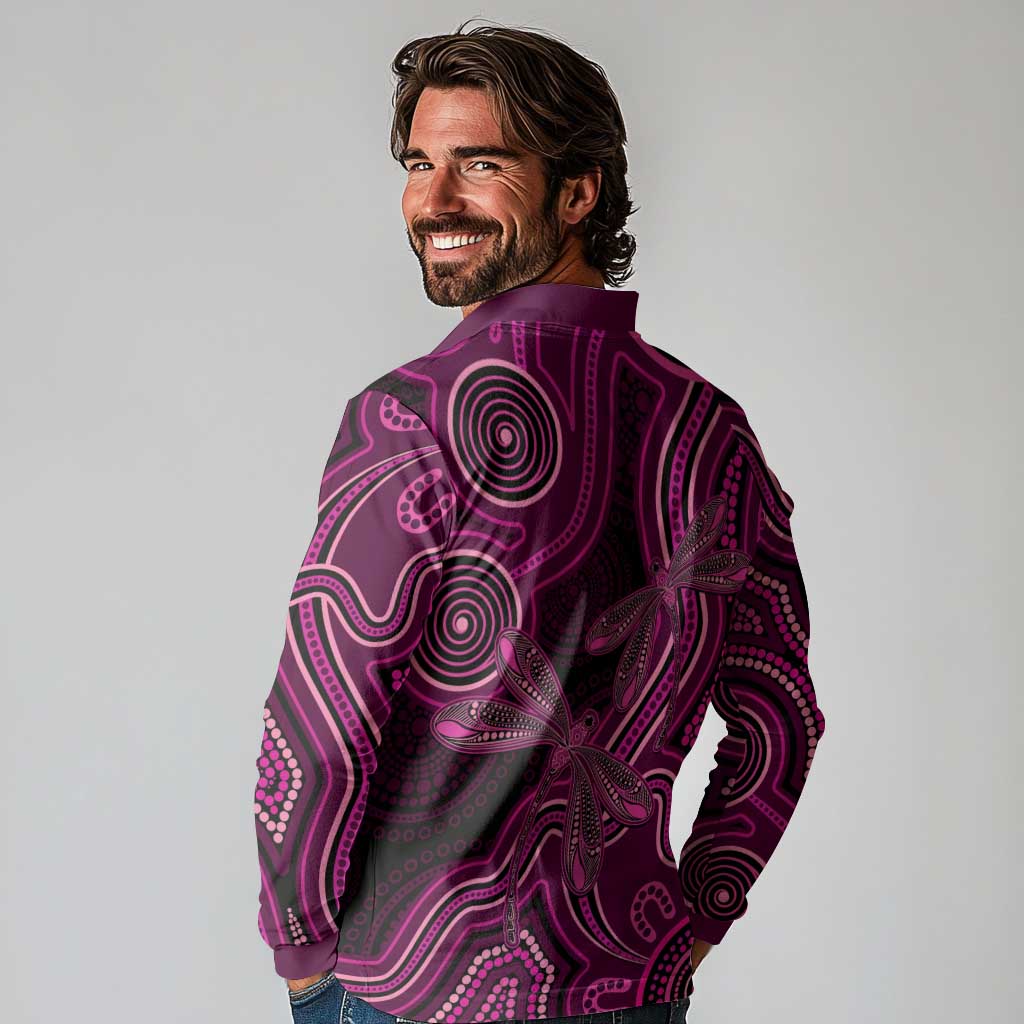 Australia Breast Cancer Awareness Long Sleeve Polo Shirt Pink Dragonflies Aboriginal Art - Aussie Hoodie