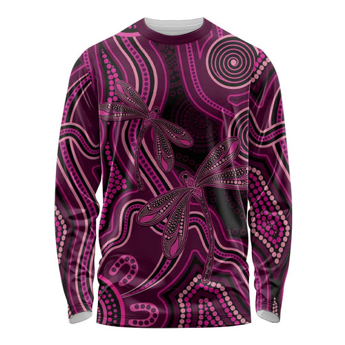Australia Breast Cancer Awareness Long Sleeve Shirt Pink Dragonflies Aboriginal Art - Aussie Hoodie