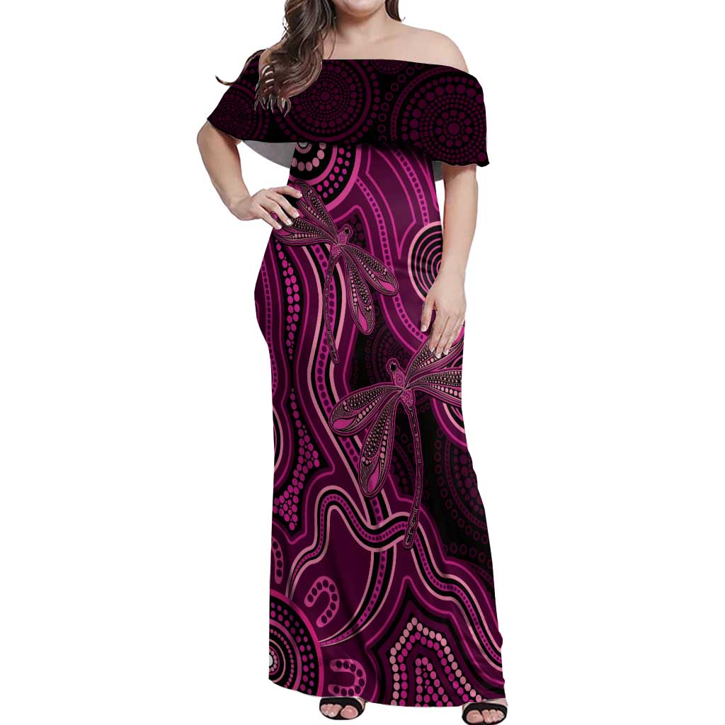 Australia Breast Cancer Awareness Off Shoulder Maxi Dress Pink Dragonflies Aboriginal Art - Aussie Hoodie