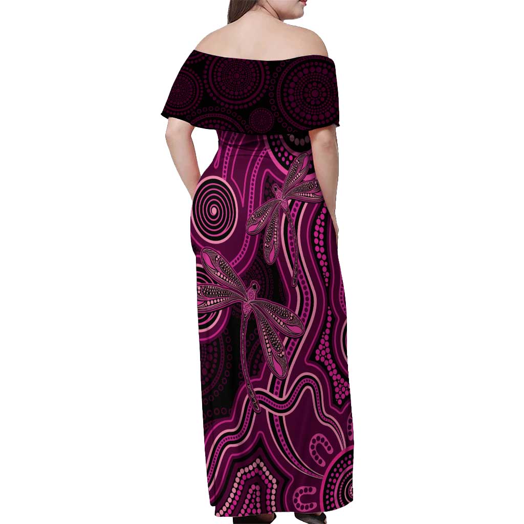 Australia Breast Cancer Awareness Off Shoulder Maxi Dress Pink Dragonflies Aboriginal Art - Aussie Hoodie