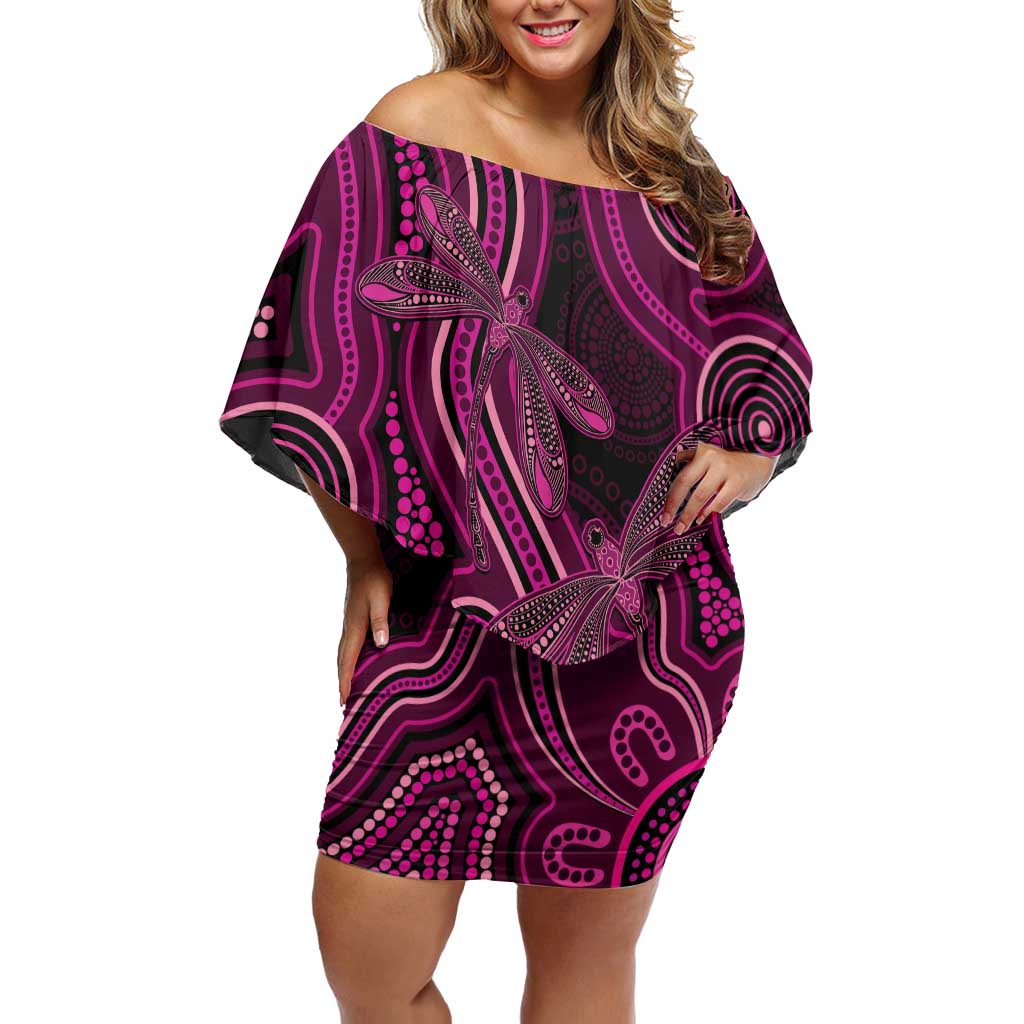 Australia Breast Cancer Awareness Off Shoulder Short Dress Pink Dragonflies Aboriginal Art - Aussie Hoodie