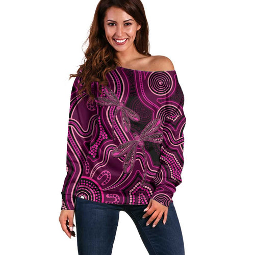 Australia Breast Cancer Awareness Off Shoulder Sweater Pink Dragonflies Aboriginal Art - Aussie Hoodie