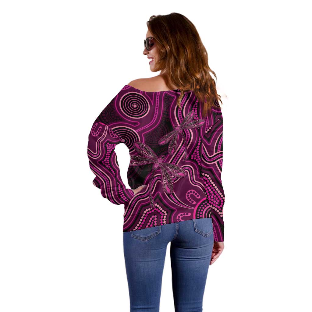 Australia Breast Cancer Awareness Off Shoulder Sweater Pink Dragonflies Aboriginal Art - Aussie Hoodie