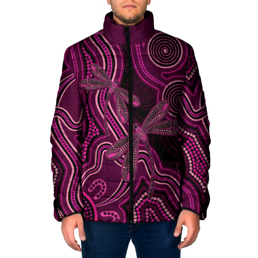 Australia Breast Cancer Awareness Padded Jacket Pink Dragonflies Aboriginal Art - Aussie Hoodie
