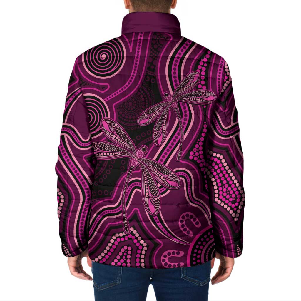 Australia Breast Cancer Awareness Padded Jacket Pink Dragonflies Aboriginal Art - Aussie Hoodie