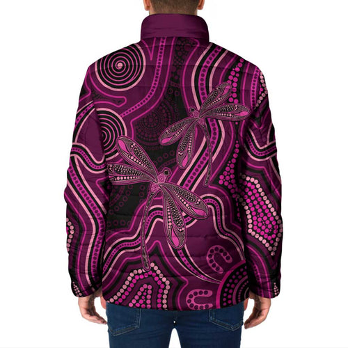 Australia Breast Cancer Awareness Padded Jacket Pink Dragonflies Aboriginal Art - Aussie Hoodie